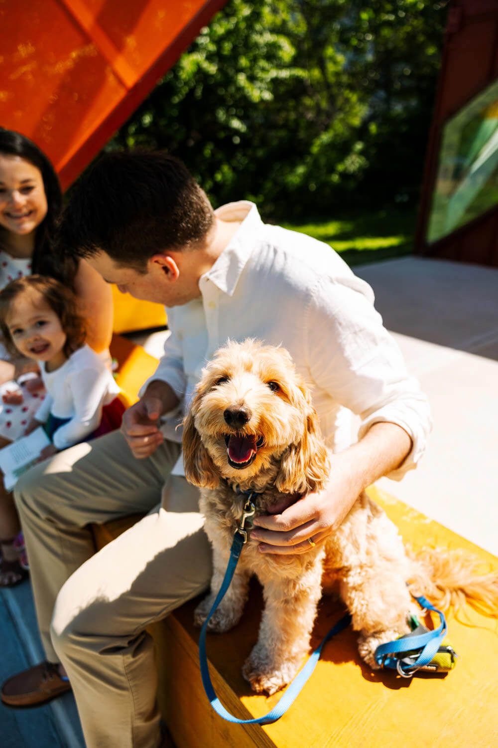 Family dog portrait during outdoor newborn photography session in NYC park